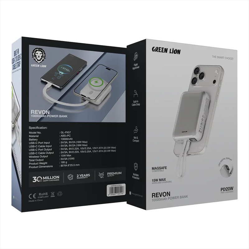 پاوربانک بیسیم 22.5 وات گرین لاین مدل Revon GL-PX57 ظرفیت 10000 میلیآمپرساعت