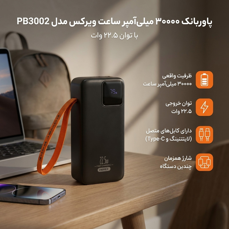 پاوربانک 22.5 وات ویرکس مدل PB3002 ظرفیت 30000 میلیآمپرساعت