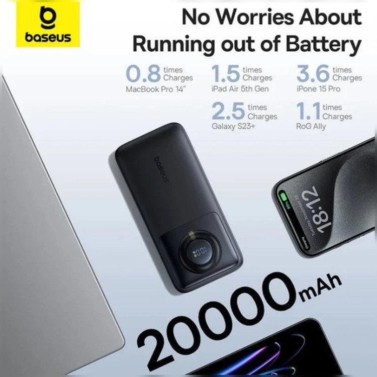 پاوربانک بیسوس مدل 65W NOMOS ظرفیت 20000 هزار میلی آمپر همراه با کابل USB-C