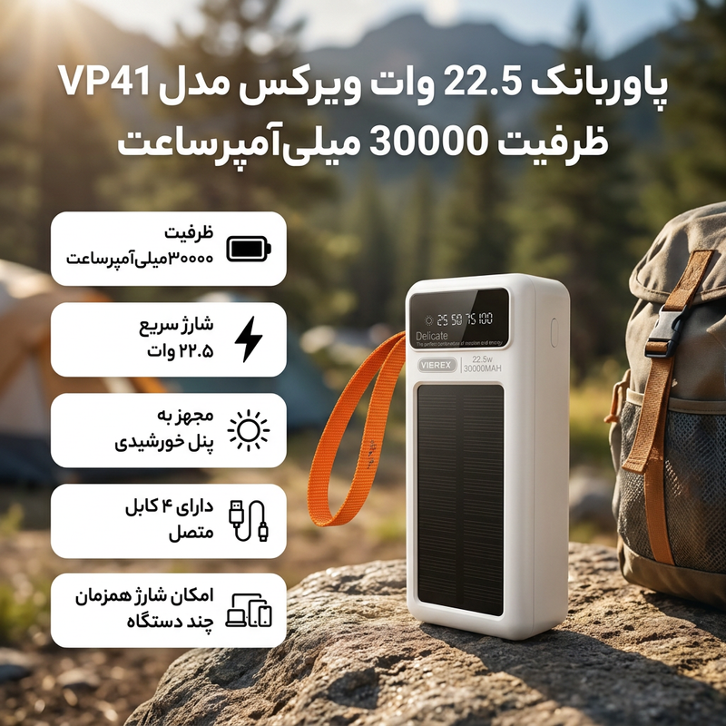 پاوربانک 22.5 وات ویرکس مدل VP41 ظرفیت 30000 میلیآمپرساعت